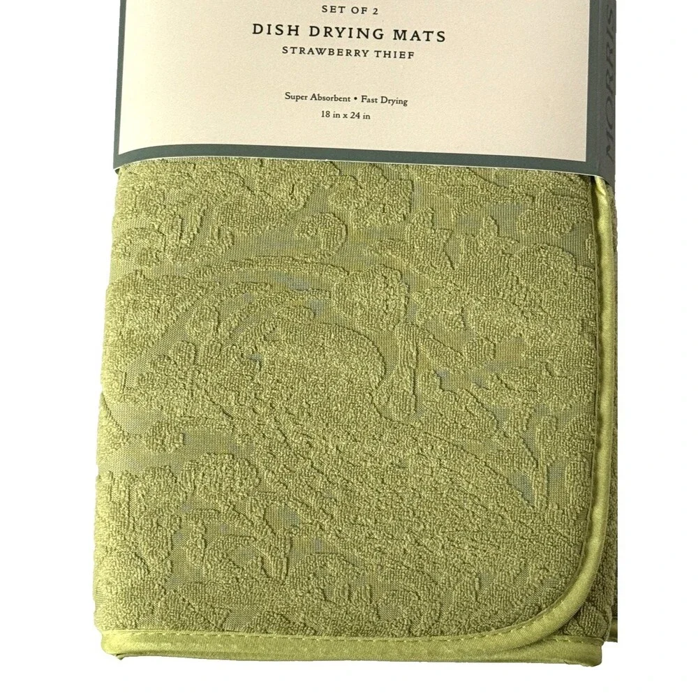 Morris & Co Strawberry Thief Kitchen Dish Drying Mats Green 18X24 Set of 2